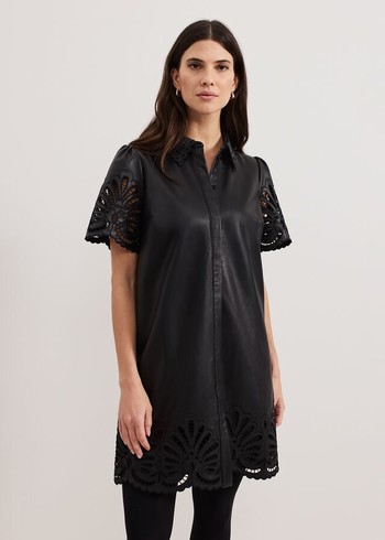 Phase Eight Cutwork Pu Dress Black USA | 6215740-HE